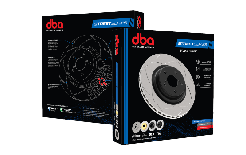 DBA 02-07 Subaru WRX STi 10 Stud Hole Rear Drilled & Slotted Street Series Rotor packaging