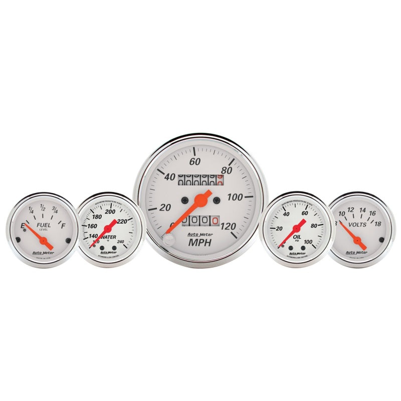 AutoMeter Gauge Kit 5 Pc. 3-1/8in. & 2-1/16in. Mech. Speedo. Wtmp & Oilp Arctic Wht. for high performance car parts