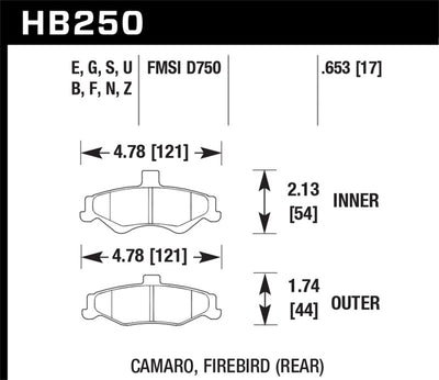 Hawk 1998-2002 Chevrolet Camaro SS 5.7 HPS Rear Brake Pads dimensions