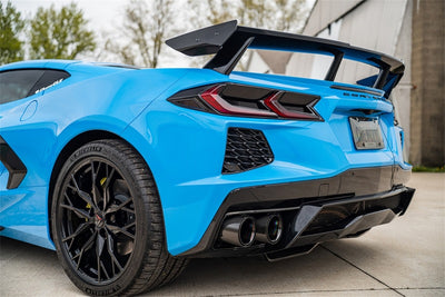 Corsa 20-25 Chevrolet Corvette C8 RWD 3in Valved Cat-Back w/AFM w/4.5in Carbon Fiber Black PVD Tips on blue Corvette