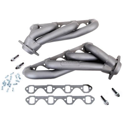 BBK 79-93 Mustang 5.0 Shorty Unequal Length Exhaust Headers - 1-5/8 Titanium Ceramic on display with parts included