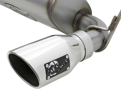 aFe Rebel Series 2.5in 409 SS Cat-Back Exhaust system detail with polished tips for Jeep Wrangler JK V6 3.6L/3.8L performance upgrade.