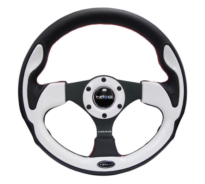 NRG Reinforced Steering Wheel (320mm) Blk w/White Trim & 4mm 3-Spoke from DTX Performance, veteran owned shop, high performance car parts
