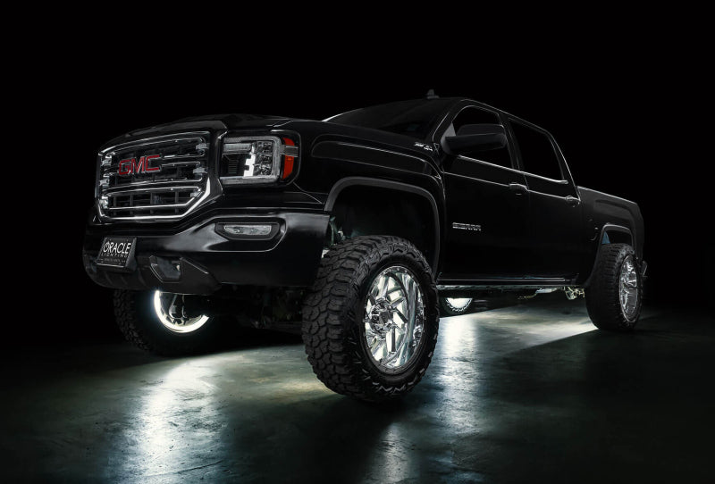 ORACLE Lighting LED Illuminated Wheel Rings - 16.5in PLASMA White on a truck, showcasing high performance auto parts, racing suspension