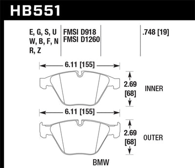 Hawk 07-09 BMW 335d/335i/335xi / 08-09 328i/M3 HPS Street Front Brake Pads diagram