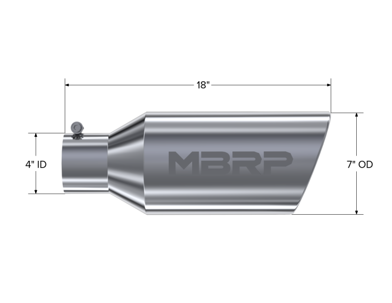 MBRP Universal Tip 7inch O.D. Rolled End 4inch inlet 18inch length - T304 (SINGLE TIP), performance car parts, DTX Performance