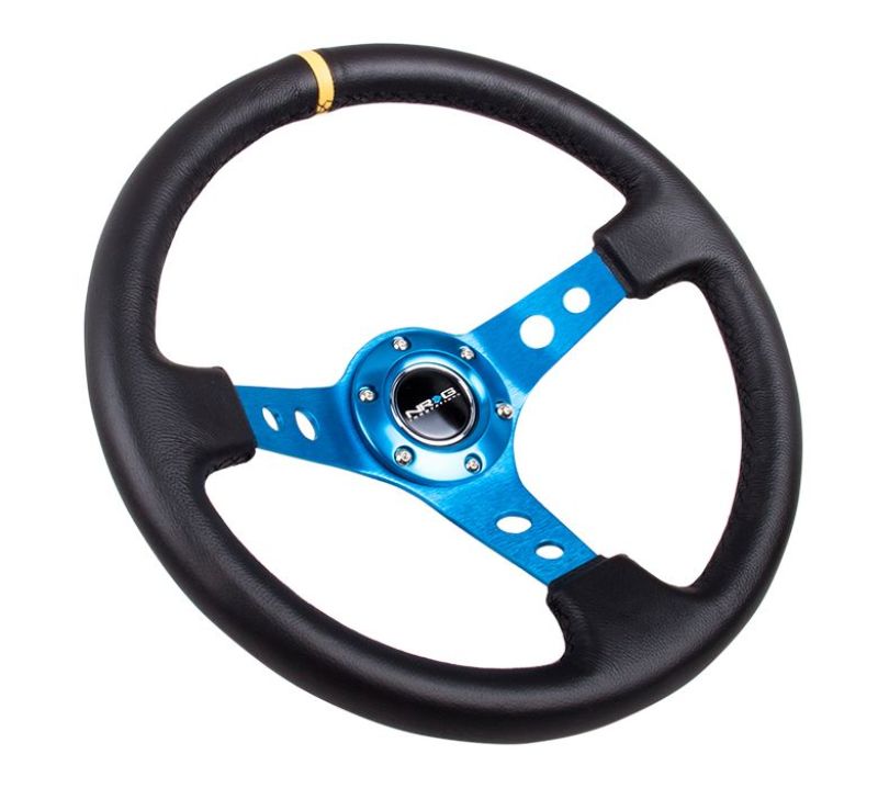 NRG Reinforced Steering Wheel (350mm / 3in. Deep) Blk Leather w/Blue Circle Cutout Spokes for performance car parts and upgrades.