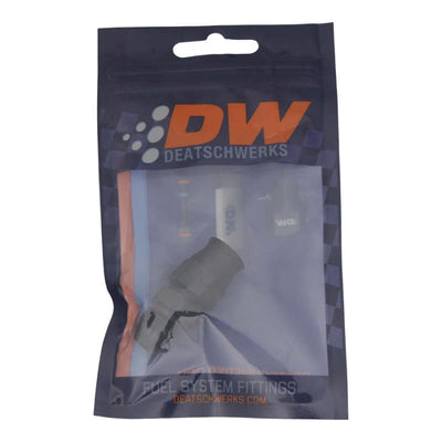 DeatschWerks 6AN Male Flare to 3/8in Hardline Compression Adapter - Anodized Matte Black in packaging, performance car parts