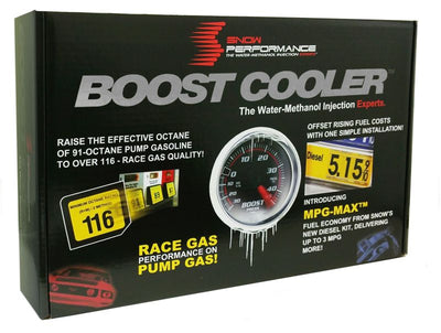 Snow Performance Stg 3 Boost Cooler packaging for high performance car parts, featuring water-methanol injection system by DTX Performance.