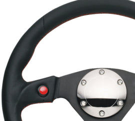 NRG Reinforced Steering Wheel (320mm) Blk Leather w/Dual Buttons by DTX Performance, perfect for racing suspension and high performance upgrades.