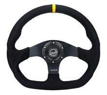 Load image into Gallery viewer, NRG Reinforced Steering Wheel (320mm) Sport Alcantara Dual Push Buttons Flat Bottom w/Yellow Center - performance car parts at DTX Performance