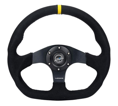 NRG Reinforced Steering Wheel (320mm) Sport Alcantara Dual Push Buttons Flat Bottom w/Yellow Center - performance car parts at DTX Performance