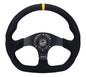 NRG Reinforced Steering Wheel (320mm) Sport Alcantara Dual Push Buttons Flat Bottom w/Yellow Center - performance car parts at DTX Performance