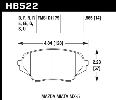 Hawk 06-11 Mazda Miata Mx-5 Front DTC-60 Race Brake Pads dimensions illustration