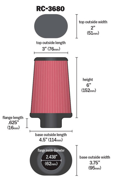 K&N Universal Clamp-On Air Filter image with dimensions, including 2-7/16in flange and 6in height. Perfect for performance car parts.