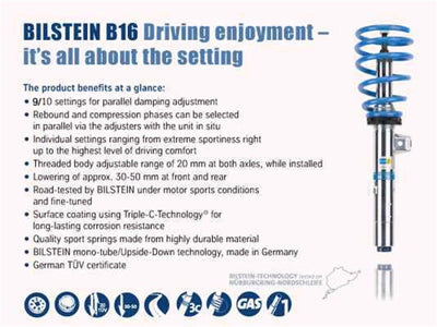Bilstein B16 (PSS10) suspension kit benefits overview with adjustable dampers, monotube design, and high-performance features for WRX STi