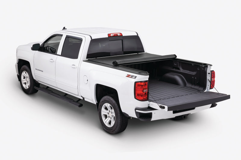 Tonno Pro 17-19 Ford F-250/F-350 Super Duty 6.8ft Bed Lo-Roll Tonneau Cover on white truck for performance upgrades by DTX Performance