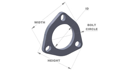 Vibrant 3-Bolt T304 SS Exhaust Flange (3in I.D.) diagram highlighting width, ID, height, bolt circle, performance car parts, DTX Performance.