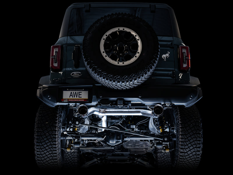 AWE Tuning 2021+ Ford Bronco 0FG Dual Rear Exit Exhaust w/Chrome Silver Tips & Bash Guard - DTX Performance