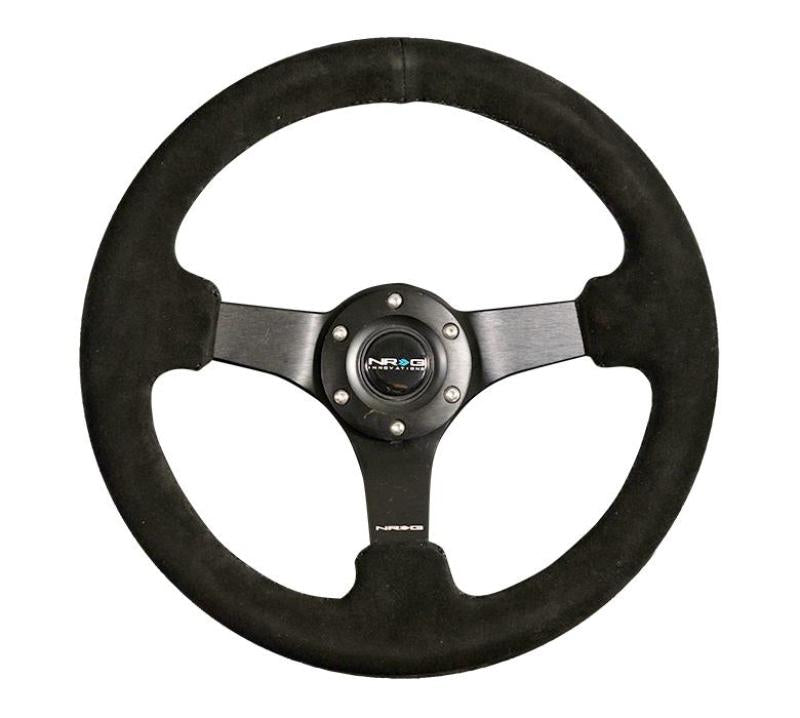 NRG Reinforced Steering Wheel (330mm / 3in Deep) Blk Suede w/Criss Cross Stitch w/Blk 3-Spoke Center, ideal for performance car tuning