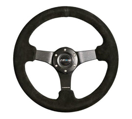 NRG Reinforced Steering Wheel (330mm / 3in Deep) Blk Suede w/Criss Cross Stitch w/Blk 3-Spoke Center, ideal for performance car tuning