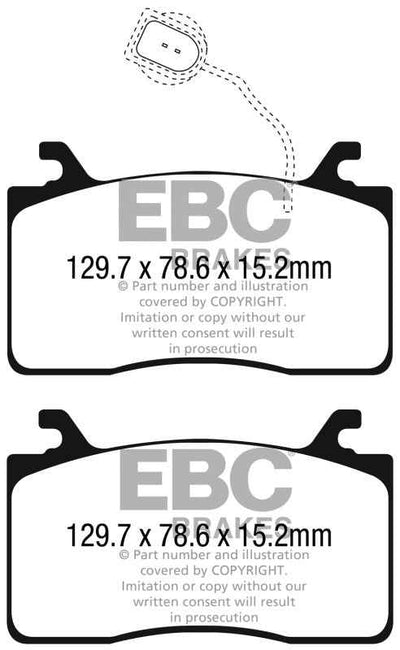 EBC 2016+ Alfa Romeo Guilia 2.0T Greenstuff Front Brake Pads illustration with dimensions for performance car parts.