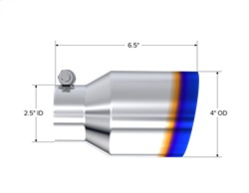 MBRP Burnt End Tip 2.5 ID 4 ID Out 6.5 length Single Wall Angle Cut 304 Stainless Steel performance exhaust upgrade