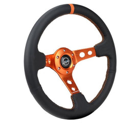 NRG Reinforce Steering Wheel (350mm / 3in. Deep) Blk Leather, Orange Center Mark w/ Orange Stitching for racing performance