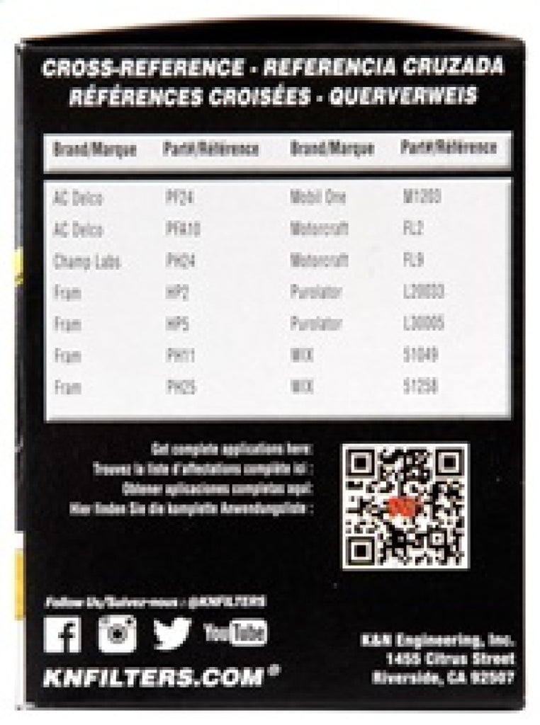 K&N Oil Filter OIL FILTER; AUTOMOTIVE box with part reference chart for performance car tuning parts at DTX Performance shop.