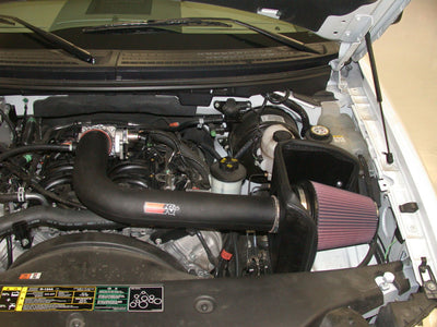 K&N 04 Ford F150 V8-5.4L Performance Intake Kit installed under hood for enhanced engine airflow and horsepower. DTX Performance.