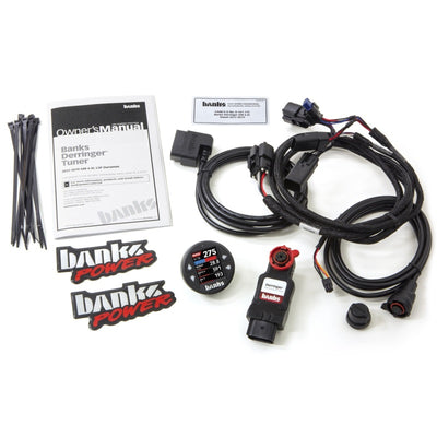 Banks Power 17-19 GM 2500 6.6L L5P Derringer Tuner (Gen 2) w/ 1.8in iDash kit shown with accessories and cables
