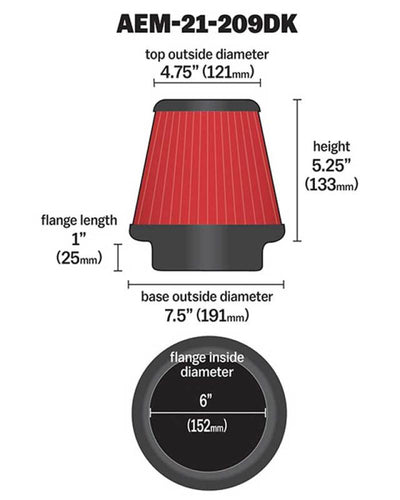 AEM 6 in x 5 in Dryflow Conical Air Filter dimensions for performance car upgrades