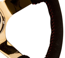 NRG Reinforced Steering Wheel (350mm / 3in. Deep) Blk Suede w/Red BBall Stitch & Chrome Gold 3-Spoke - high performance car parts