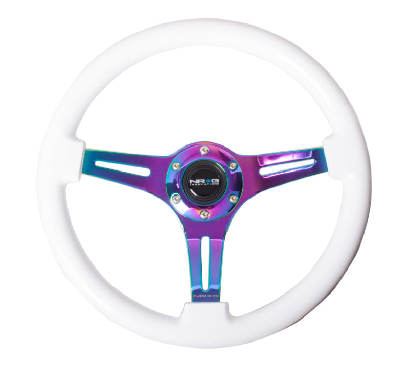 NRG Classic Wood Grain Steering Wheel (350mm) White Paint Grip w/Neochrome 3-Spoke Center for performance car upgrades