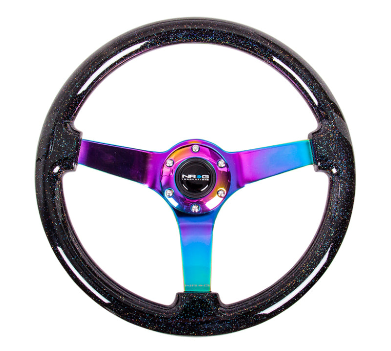 NRG Reinforced Steering Wheel (350mm / 3in. Deep) Classic Blk Sparkle w/4mm Neochrome 3-Spoke Center for performance car tuning