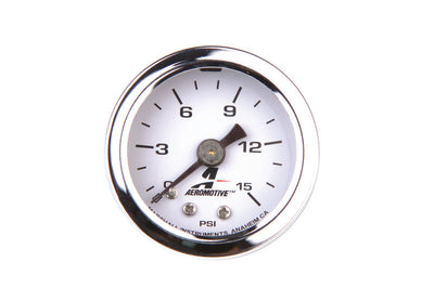 Aeromotive 0-15 PSI Fuel Pressure Gauge for performance cars, enhancing engine efficiency with durable, liquid-filled build.
