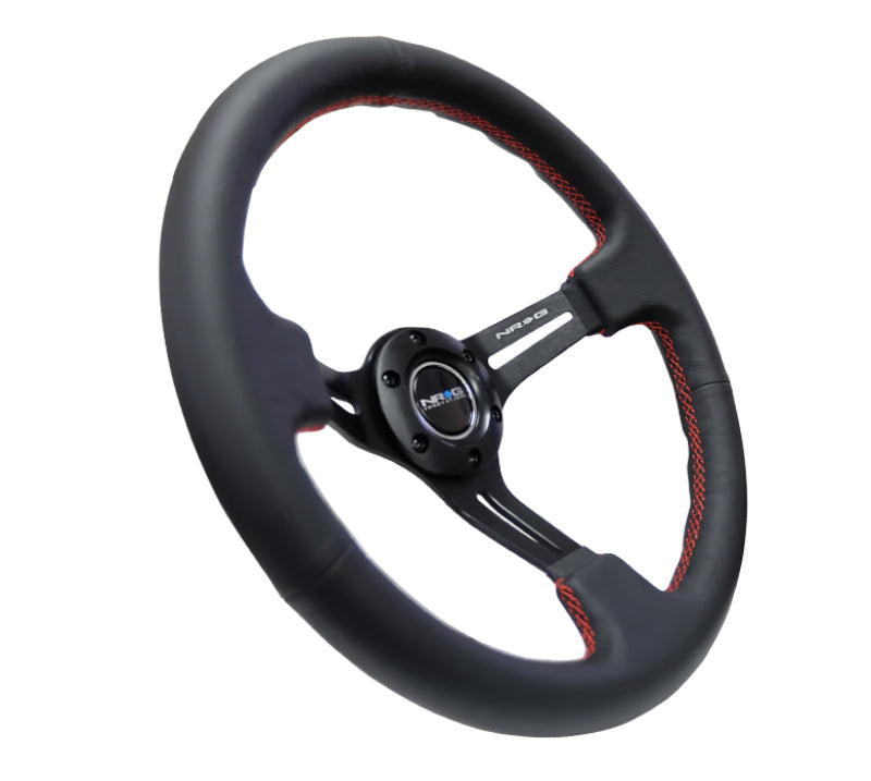 NRG Reinforced Steering Wheel (350mm / 3in. Deep) Black Leather/Red Stitch & Blk 3-Spoke w/Slits for performance car parts