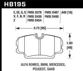Diagram of HB195 brake pad for multiple car brands including Alfa Romeo, BMW, Mercedes, Peugeot, Saab.