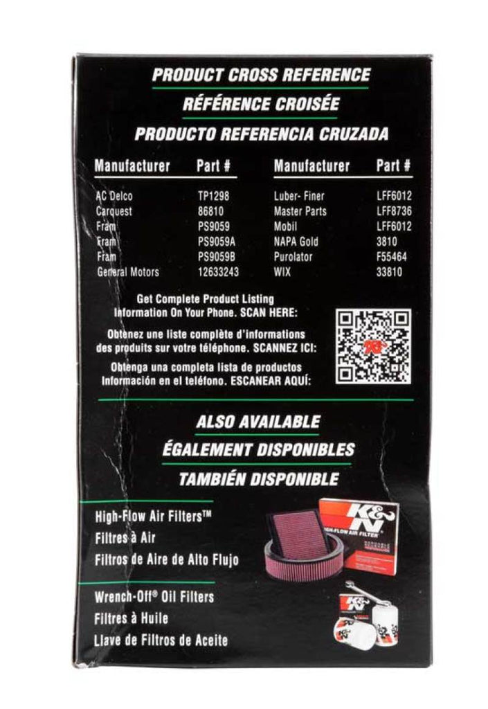 K&N filter product reference chart on packaging