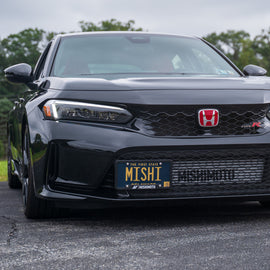 Mishimoto 2023+ Honda Civic Type-R License Plate Relocation Kit on front of black car, performance upgrades, DTX Performance