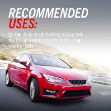 Load image into Gallery viewer, Red car on road with text overlay "Recommended Uses: Upgrade braking performance for daily-driver cars, trucks, SUVs"
