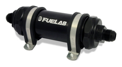 Fuelab 828 In-Line Fuel Filter Long -8AN In/Out 10 Micron Fabric - Black for performance upgrades at DTX Performance