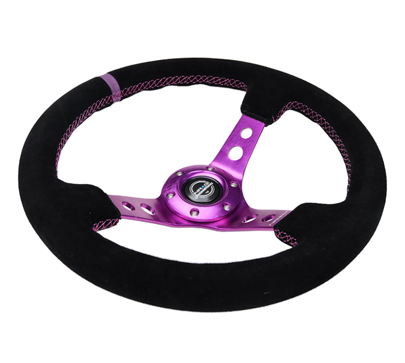 NRG Reinforced Steering Wheel (350mm / 3in. Deep) Black Suede w/Purple Center & Purple Stitching - Performance Car Parts