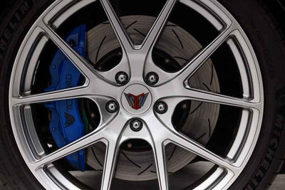 Close-up of performance car wheel with brake