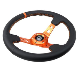 NRG Reinforce Steering Wheel (350mm / 3in. Deep) Blk Leather, Orange Center Mark w/ Orange Stitching, performance car parts at DTX Performance