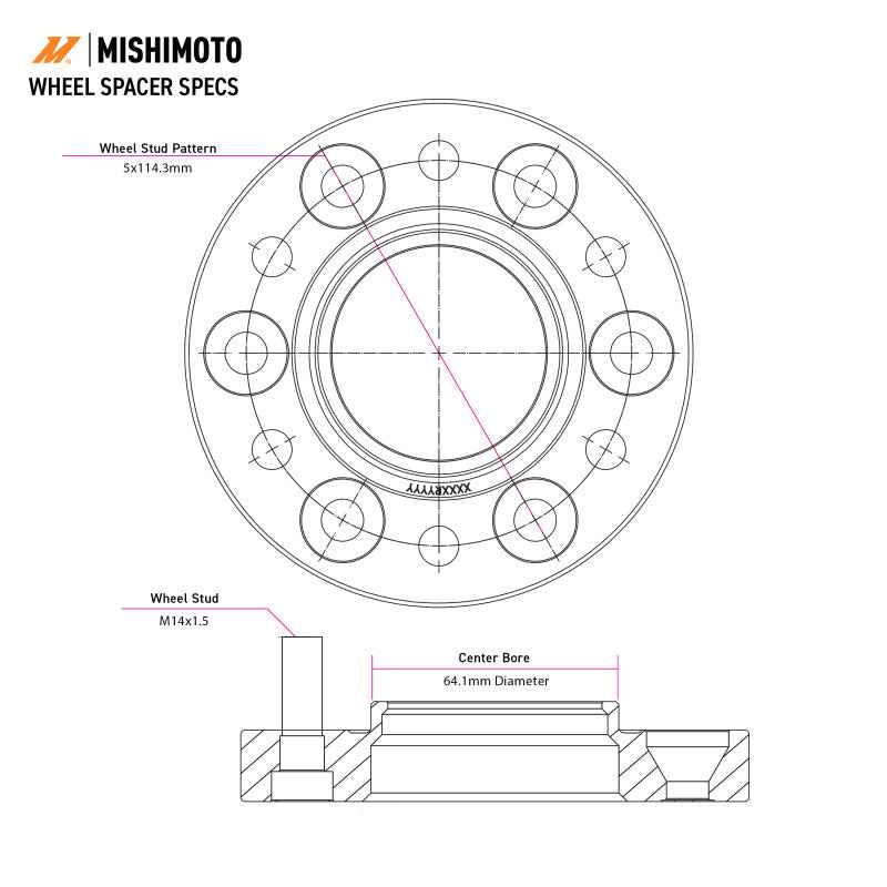 Mishimoto Mishimoto Wheel Spacers 5x114.3 64.1 CB M14x1.5 15mm BK specs diagram for performance upgrades at DTX Performance.