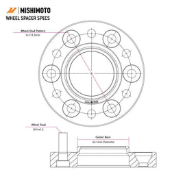Mishimoto Mishimoto Wheel Spacers 5x114.3 64.1 CB M14x1.5 15mm BK specs diagram for performance upgrades at DTX Performance.