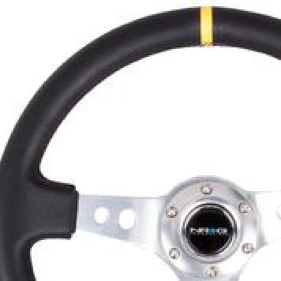 NRG Reinforced Steering Wheel (350mm / 3in. Deep) Blk Leather w/Circle Cut Spokes & Single Yellow CM at DTX Performance