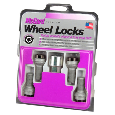 McGard Wheel Lock Bolt Set - 4pk. (Radius Seat) M14X1.5 / 17mm Hex / 27.0mm Shank Length - Black in packaging