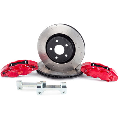 Alcon 2007+ Jeep JK 350x32mm Rotors 4-Piston Red Calipers Front Brake Upgrade Kit with high performance brakes and tuning upgrades